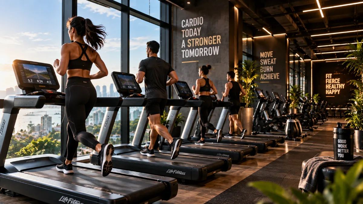 Members running on treadmills beside the window wall