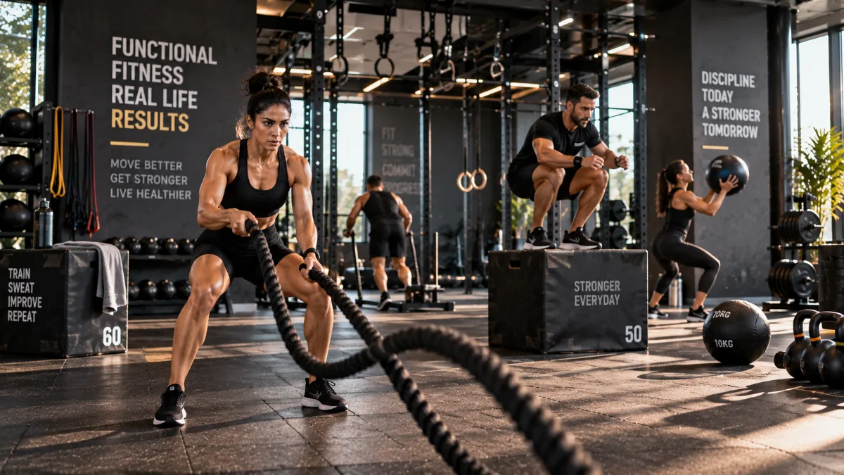 Member working battle ropes while another boxes onto a plyo box