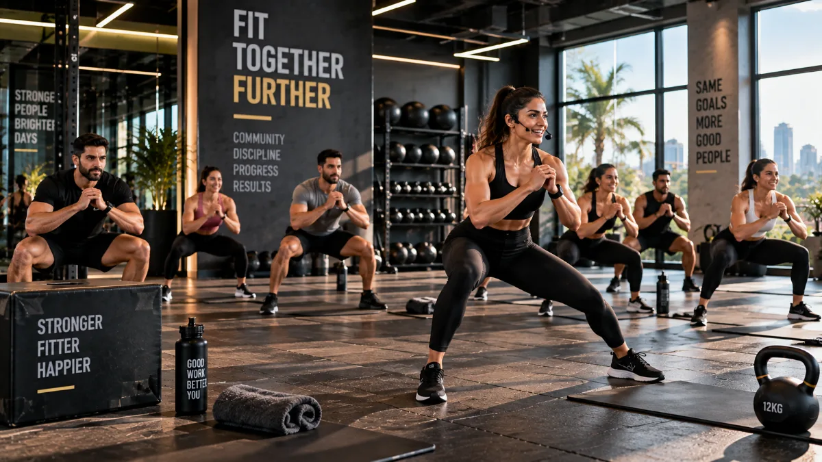 Coach leading a group class through a lunge on the studio floor