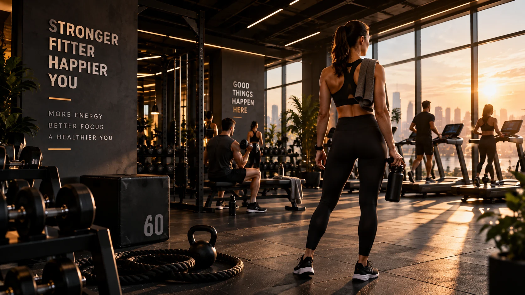 Member training on the gym floor at sunrise, from the gym website demo