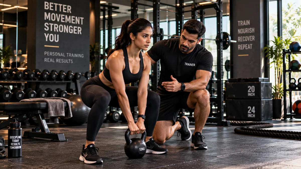 Coach guiding a member through a kettlebell lift one to one