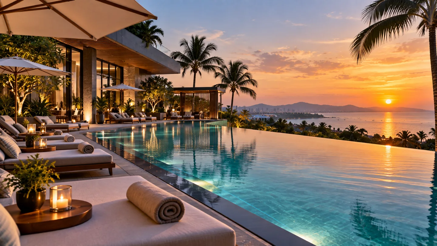 Hotel pool terrace at sunset, from the hotel website demo