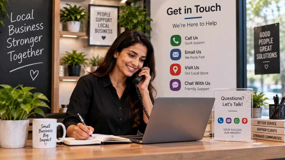 Shop owner taking a customer call at the counter with a laptop and notebook open