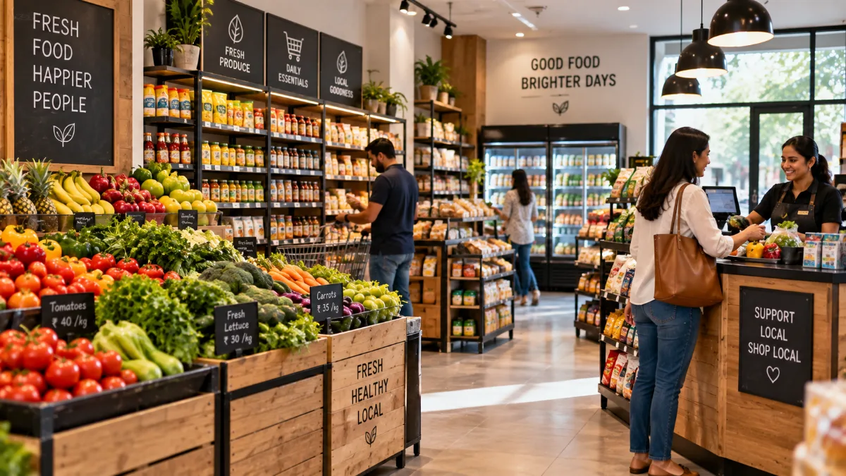 Customer at the counter of a neighbourhood grocery store with fresh produce in front