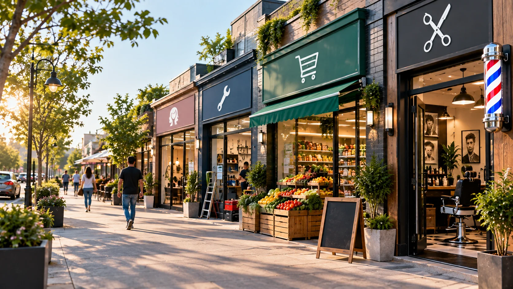Row of local shops on a high street in the morning, from the local business website demo