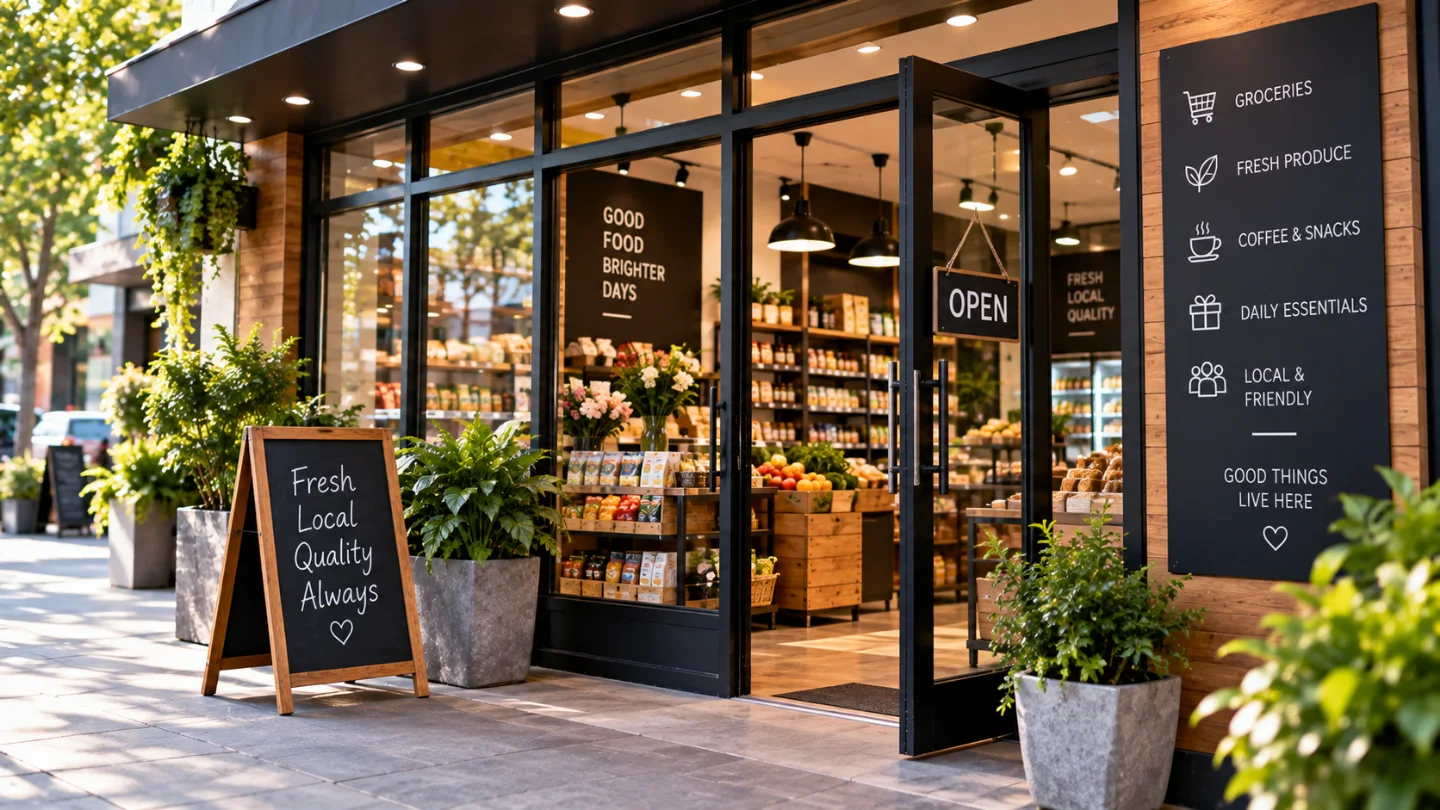 Neighbourhood shop front open for the morning with produce and plants outside