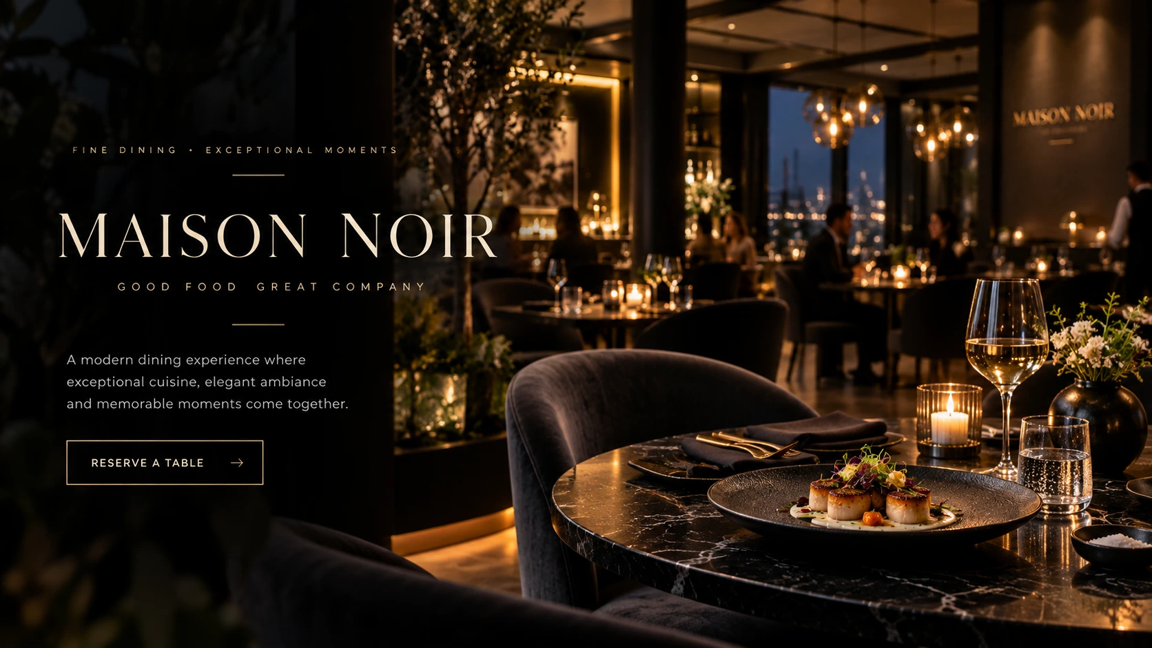 Contemporary restaurant dining room at evening, from the restaurant website demo