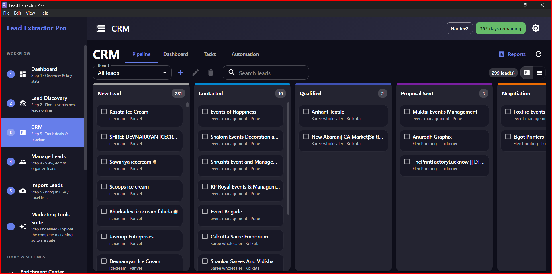 Business Lead Extractor — built-in CRM pipeline board from New Lead to Negotiation