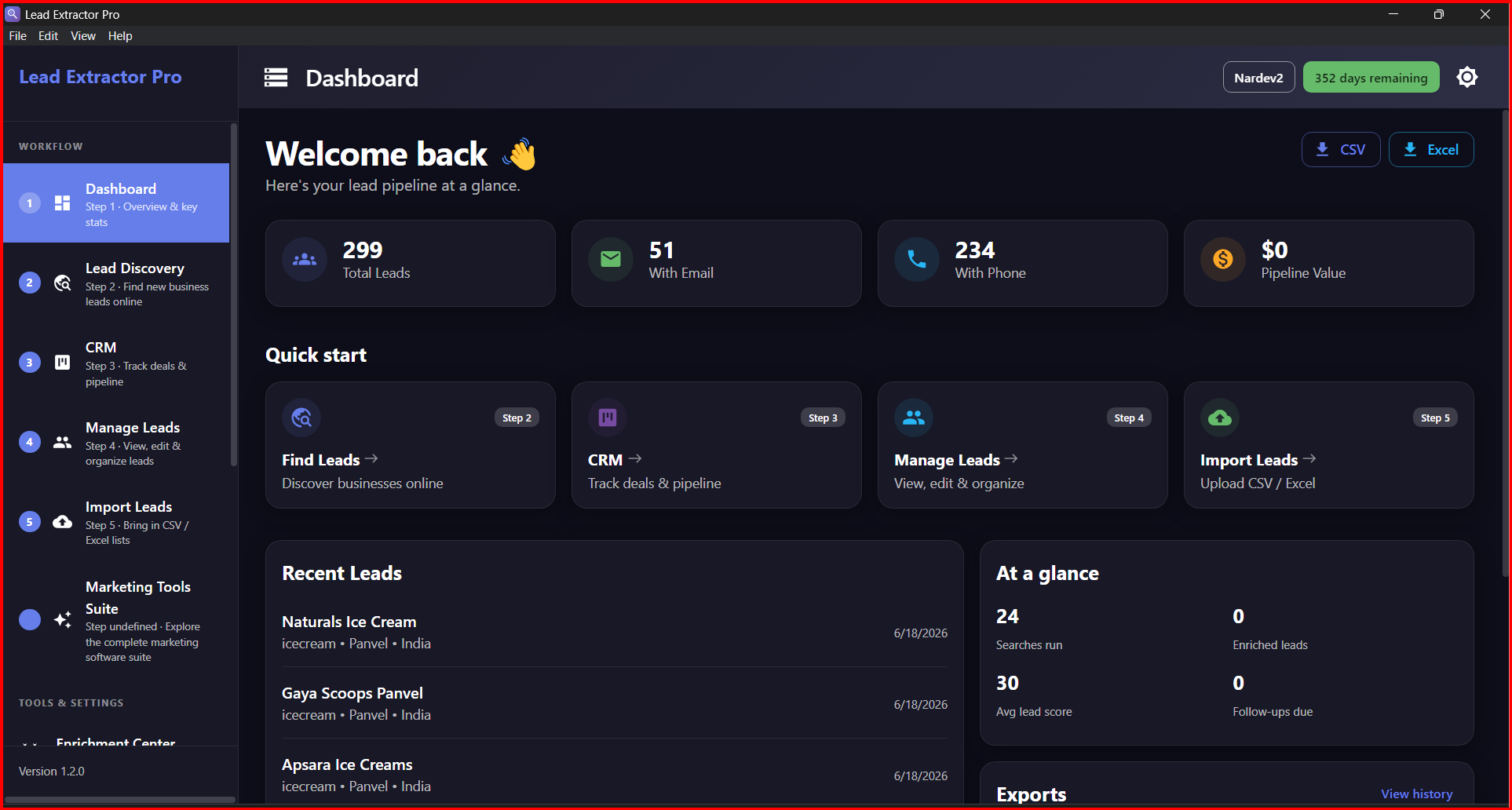 Business Lead Extractor — dashboard with lead pipeline stats and quick-start workflow