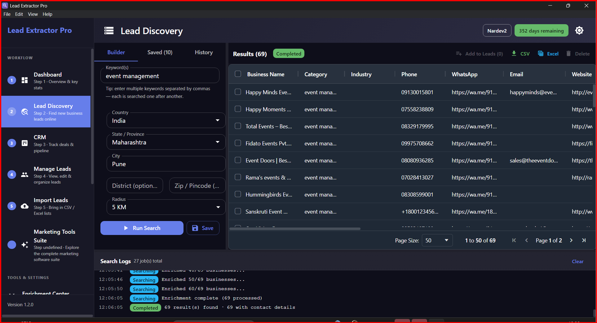 Business Lead Extractor — Lead Discovery search with results showing phone, WhatsApp, email and website