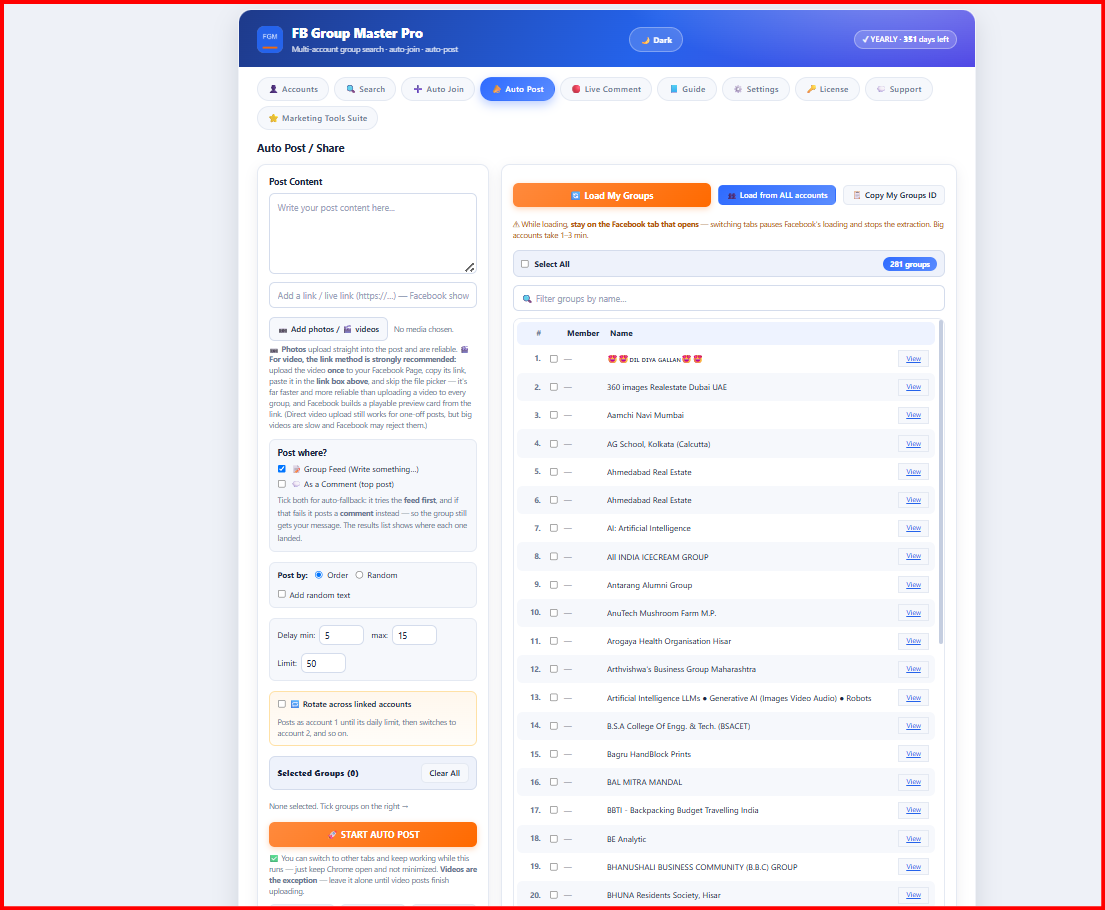 Facebook Auto Poster — Auto Post screen with post composer, delays and group list